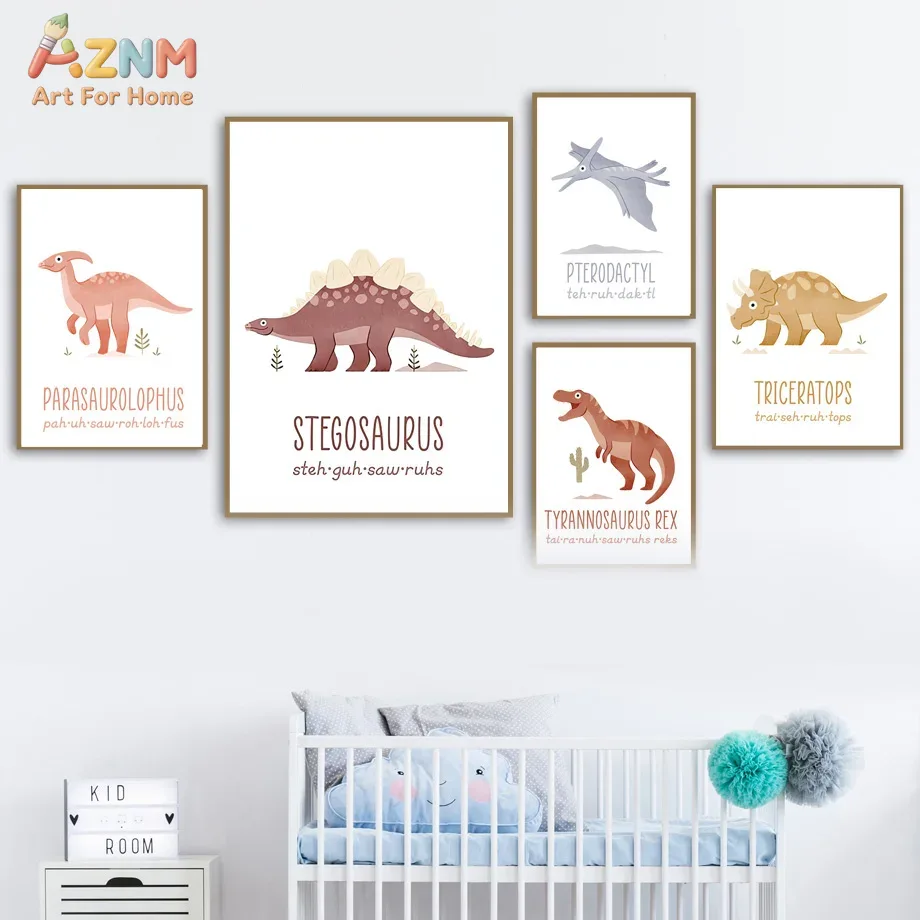 AZNM 귀여운 수채화 공룡 캔버스 벽 아트 프린트,  - Kids Education Name 리뷰 및 가격
